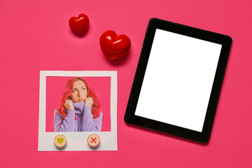 Canvas Print - Photo of beautiful woman with tablet computer and red hearts on pink background. Concept of online dating