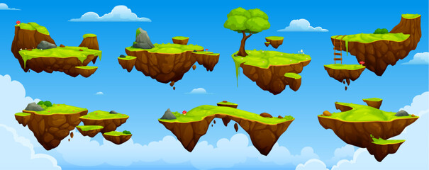 Poster - Floating island, game platforms and arcade levels with trees and grass, cartoon vector. Island rocks flying in sky or levitating with ladders and jump platforms for adventure game level interface