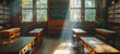 © Nisit - traditional classroom interior with wooden desks, chalkboard, and sunlight filtering through windows