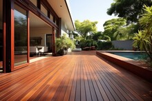 Ipe Wood Decking For Modern Homes. Low Angle View Of Tropical Hardwood Terrace With Wooden Patio