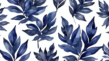 Watercolor dark blue leaves on white background, seamless pattern. generated by Ai