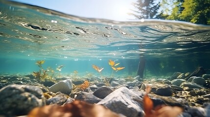 Wall Mural - underwater of river natural landscape with stone pebble and water tree leaf flow in water beautiful nature background
