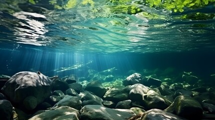 Wall Mural - underwater of river natural landscape with stone pebble and water tree leaf flow in water beautiful nature background
