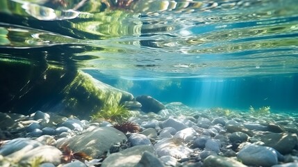 Wall Mural - underwater of river natural landscape with stone pebble and water tree leaf flow in water beautiful nature background
