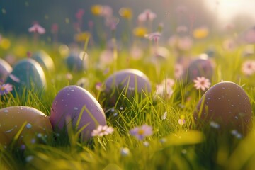 Aufkleber - Easter eggs sitting on top of a lush green field. Perfect for Easter-themed designs and spring celebrations