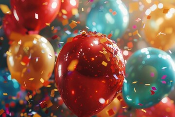 Poster - Colorful balloons and confetti flying in the air, creating a vibrant and festive atmosphere. Perfect for adding a touch of joy and excitement to any event or celebration