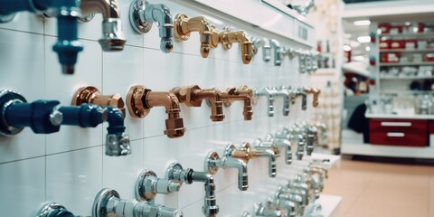 Canvas Print - A collection of different types of faucets mounted on a wall. Versatile and suitable for various plumbing needs