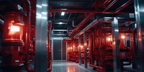 Aufkleber - A room filled with numerous pipes and lights. Ideal for industrial and technological concepts
