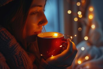 Poster - A woman holding a cup of coffee in her hands. Suitable for coffee shop promotions and lifestyle blogs