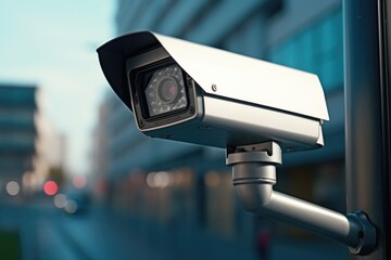 Poster - A security camera mounted on the side of a building. Suitable for surveillance and security-related themes