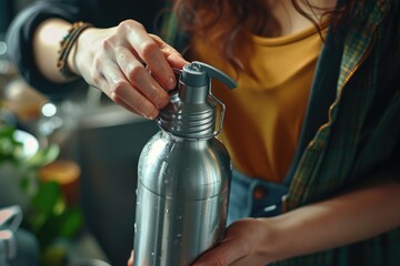 Poster - A woman holding a water bottle in her hand. Suitable for fitness, health, and hydration concepts