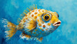 Oil painting of a Puffer fish on pure blue background canvas, copyspace on a side