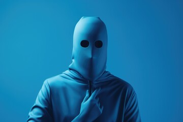 Wall Mural - A person wearing a blue hood and a white mask. Suitable for mystery, thriller, or costume-themed designs