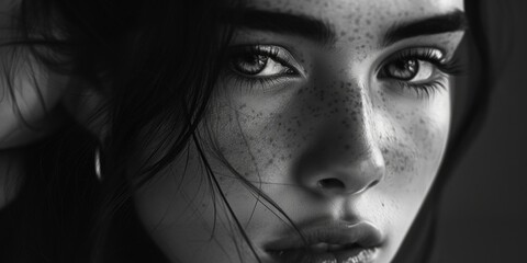 Poster - A close up view of a woman's face with freckles. This image can be used to showcase natural beauty or for skincare and beauty-related content