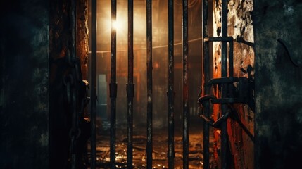 Poster - A jail cell door with a light shining in the background. Can be used to depict themes of imprisonment, confinement, justice, or crime-related concepts