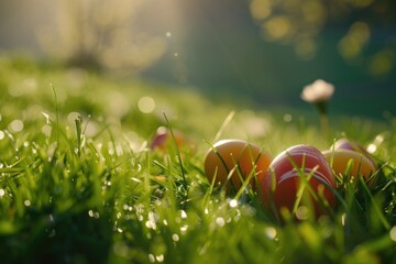 Poster - A bunch of apples laying on top of a lush green field. Perfect for food and nature-related projects