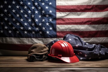 Poster - Hard hat and helmet placed on a wooden table. Suitable for construction, safety, and workplace themes