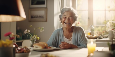 Aufkleber - A woman is depicted sitting at a table with a plate of food. This image can be used to showcase dining, food preparation, or healthy eating habits