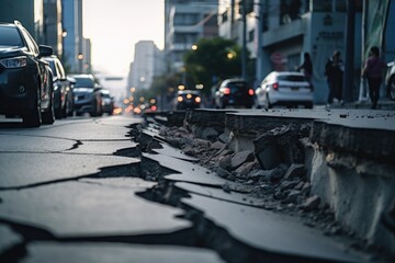 Poster - A city street with a large crack. Suitable for illustrating infrastructure issues or road maintenance.