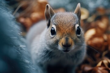 Poster - A close-up shot of a squirrel looking directly at the camera. This image can be used to add a playful touch to nature-themed designs or to represent curiosity and alertness