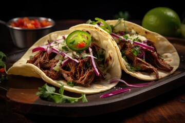 Poster - Two tacos sitting on top of a wooden plate. Perfect for food enthusiasts and Mexican cuisine lovers