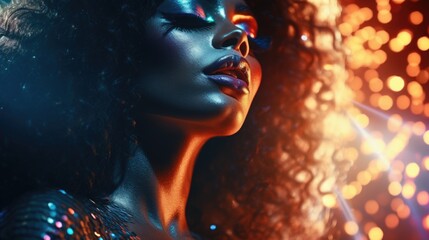Aufkleber - A close up of a woman's face with bright lights in the background. Perfect for adding a touch of mystery and intrigue to any project