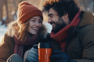 Poster - A man and a woman sitting next to each other. Suitable for various uses