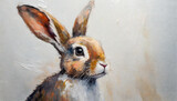 Fototapeta  - Oil painting of a rabbit head on pure white background canvas, copyspace on a side