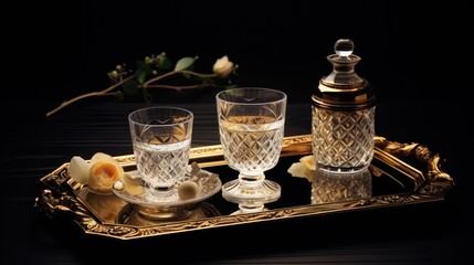 Aufkleber - A tray with two glasses and a bottle, perfect for serving drinks at parties or events