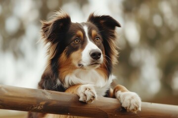 Aufkleber - A detailed shot of a dog sitting on a fence. Perfect for pet lovers and animal enthusiasts