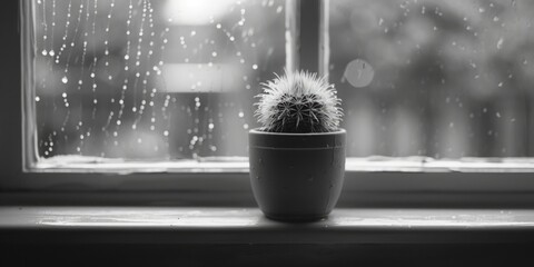 Wall Mural - A potted cactus plant sitting in front of a window. Suitable for home decor or plant enthusiasts