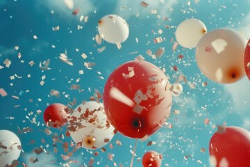 Poster - Colorful balloons in red and white floating in the air. Perfect for celebrations and festive occasions