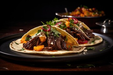 Aufkleber - A picture of two tacos on a black plate with a bowl of salad in the background. Perfect for food-related content and Mexican cuisine promotions