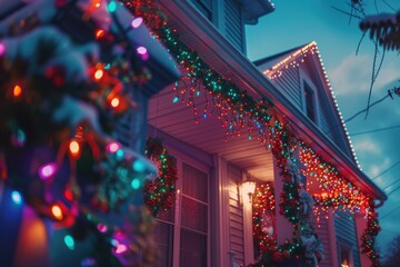 Poster - A house adorned with vibrant Christmas lights and garlands, creating a joyful and festive atmosphere. Ideal for holiday-themed designs and decorations