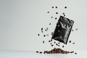 Poster - A bag of coffee beans falling into a pile of coffee beans. Perfect for coffee lovers and coffee shop promotions
