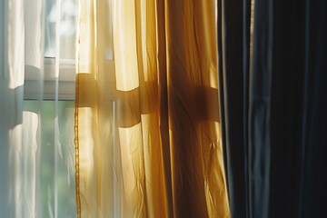 Poster - A cat sitting on a window sill next to a curtain. Perfect for home decor or pet-related designs