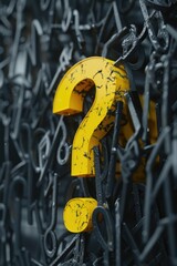 Poster - A yellow question mark is surrounded by chains. This image can be used to represent the concept of being trapped or uncertain
