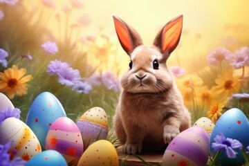 Aufkleber - A cute rabbit sitting in the middle of a field filled with colorful Easter eggs. Perfect for Easter-themed designs and decorations