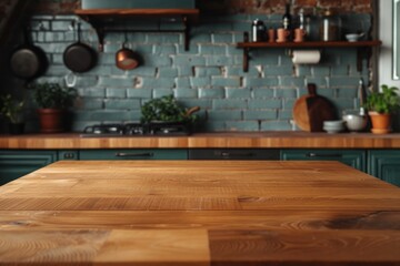 Wall Mural - A wooden table in a kitchen with various pots and pans. Suitable for cooking and kitchen-related projects