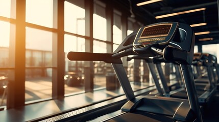 Poster - A row of tread machines in a gym. Suitable for fitness and exercise concepts