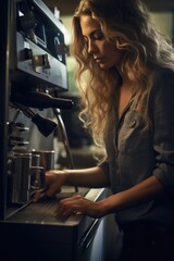 Poster - A woman is seen in the process of preparing a cup of coffee. This versatile image can be used to depict various themes related to coffee, morning routines, relaxation, and self-care