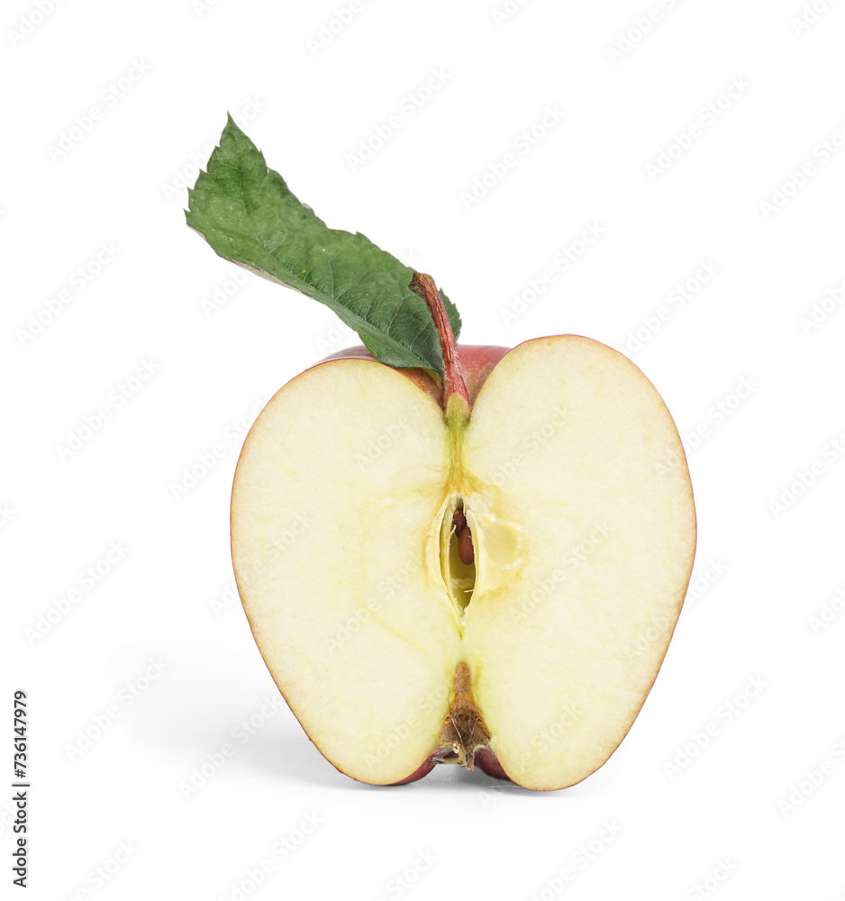 Half of fresh red apple with leaf on white background