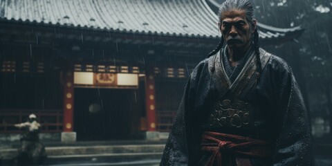 Poster - A man standing in the rain in front of a building. Suitable for depicting solitude, urban life, weather conditions, and emotional states.
