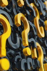 Poster - A bunch of yellow and black question marks painted on a wall. Suitable for various concept and mystery-themed designs