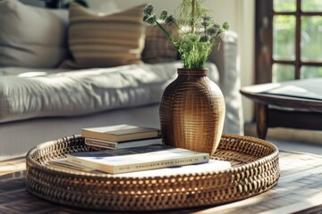 Poster - A coffee table with books and a vase. This versatile image can be used for various themes and concepts