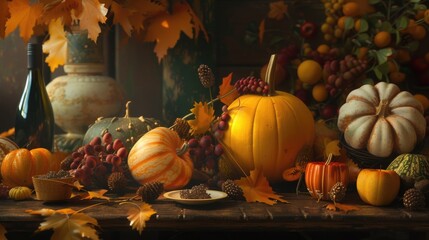 Wall Mural - A table filled with a diverse collection of pumpkins. Perfect for autumn-themed decorations or Halloween displays