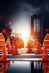 Aufkleber - A group of orange traffic cones sitting on top of a road. This image can be used to represent road construction, traffic control, or safety measures