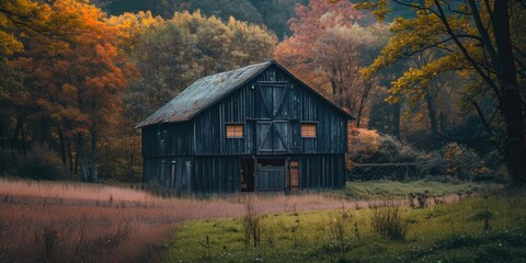 Poster - A picturesque barn situated in a field with trees in the background. This image can be used to represent rural landscapes or agricultural settings