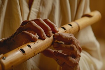 Poster - A close up of a person holding a wooden flute. Can be used for music-themed designs and advertisements
