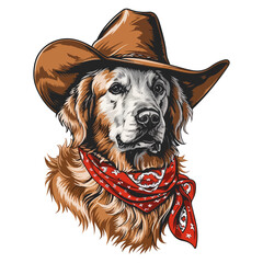 golden retriever dog Head wearing cowboy hat and bandana around neck